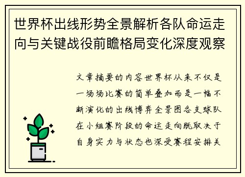 世界杯出线形势全景解析各队命运走向与关键战役前瞻格局变化深度观察 世界杯出线形势全景解析各队命运走向与关键战役前瞻格局变化深度观察