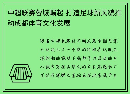 中超联赛蓉城崛起 打造足球新风貌推动成都体育文化发展