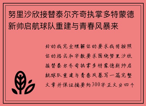努里沙欣接替泰尔齐奇执掌多特蒙德新帅启航球队重建与青春风暴来